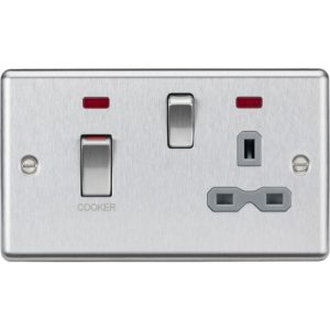 KNIGHTSBRIDGE 45A DP SWITCH AND 13A SWITCHED SOCKET WITH NEONS - BRUSHED CHROME WITH GREY INSERT