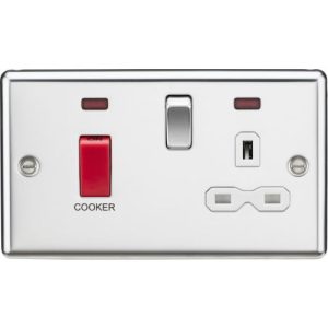 KNIGHTSBRIDGE 45A DP COOKER SWITCH & 13A SWITCHED SOCKET WITH NEONS & WHITE INSERT - ROUNDED EDGE POLISHED CHROME