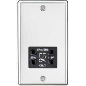 KNIGHTSBRIDGE 115-230V DUAL VOLTAGE SHAVER SOCKET WITH BLACK INSERT-ROUNDED EDGE POLISHED CHROME