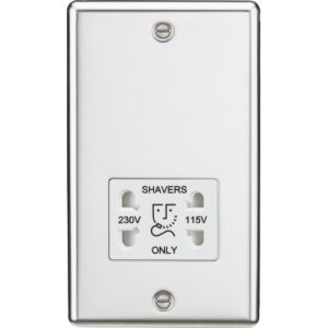 KNIGHTSBRIDGE 115-230V DUAL VOLTAGE SHAVER SOCKET WITH WHITE INSERT - ROUNDED EDGE POLISHED CHROME