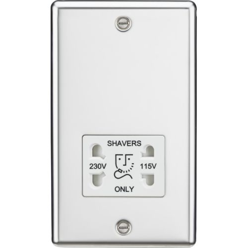 KNIGHTSBRIDGE 115-230V DUAL VOLTAGE SHAVER SOCKET WITH WHITE INSERT - ROUNDED EDGE POLISHED CHROME