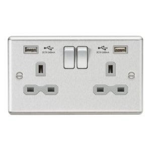 KNIGHTSBRIDGE 13A 2G SWITCHED SOCKET WITH DUAL USB CHARGER A + A (2.4A) - BRUSHED CHROME WITH GREY INSERT