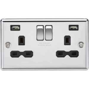 KNIGHTSBRIDGE 13A 2G SWITCHED SOCKET WITH DUAL USB CHARGER A + A (2.4A) - POLISHED CHROME WITH BLACK INSERT