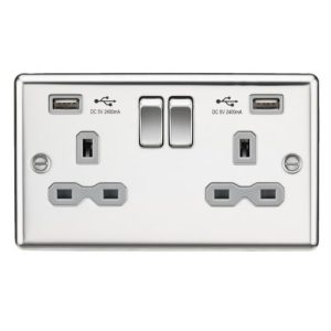 KNIGHTSBRIDGE 13A 2G SWITCHED SOCKET WITH DUAL USB CHARGER A + A (2.4A) - POLISHED CHROME WITH GREY INSERT