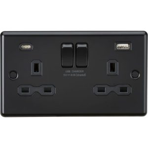 KNIGHTSBRIDGE MATT BLACK ROUNDED EDGE 2G SWITCHED USB (A+C) SOCKET