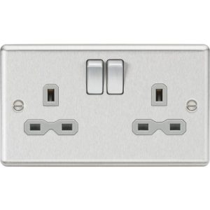 KNIGHTSBRIDGE 13A 2G DP SWITCHED SOCKET WITH GREY INSERT - ROUNDED EDGE BRUSHED CHROME