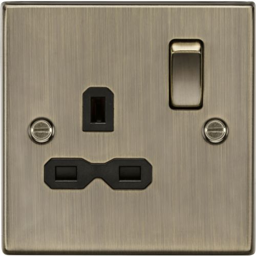 KNIGHTSBRIDGE 13A 1G DP SWITCHED SOCKET WITH BLACK INSERT - SQUARE EDGE ANTIQUE BRASS