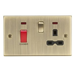 KNIGHTSBRIDGE 45A DP COOKER SWITCH & 13A SWITCHED SOCKET WITH NEONS & BLACK INSERT - SQUARE EDGE ANTIQUE BRASS