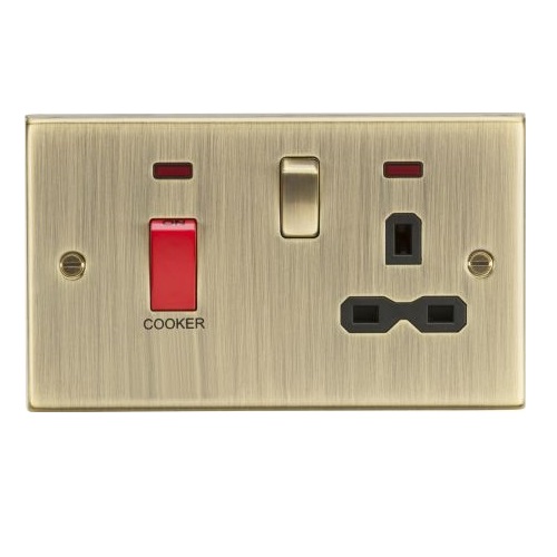 KNIGHTSBRIDGE 45A DP COOKER SWITCH & 13A SWITCHED SOCKET WITH NEONS & BLACK INSERT - SQUARE EDGE ANTIQUE BRASS
