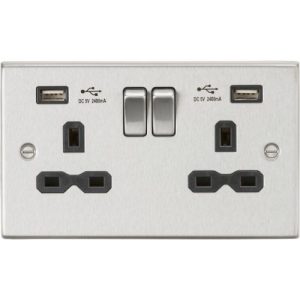 KNIGHTSBRIDGE 13A 2G SWITCHED SOCKET WITH DUAL USB CHARGER A + A (2.4A) - BRUSHED CHROME WITH BLACK INSERT