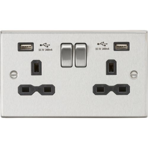 KNIGHTSBRIDGE 13A 2G SWITCHED SOCKET WITH DUAL USB CHARGER A + A (2.4A) - BRUSHED CHROME WITH BLACK INSERT