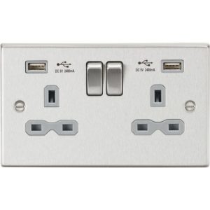 KNIGHTSBRIDGE 13A 2G SWITCHED SOCKET WITH DUAL USB CHARGER A + A (2.4A) - BRUSHED CHROME WITH GREY INSERT