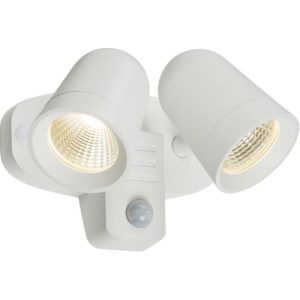 KNIGHTSBRIDGE 230V IP65 18W LED WHITE TWIN SPOT FLOODLIGHT WITH PIR