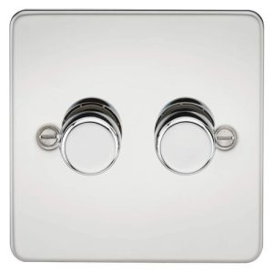KNIGHTSBRIDGE FLAT PLATE 2G 2 WAY 10-200W (5-150W LED) TRAILING EDGE DIMMER POLISHED CHROME