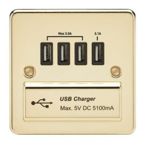 KNIGHTSBRIDGE FLAT PLATE QUAD USB CHARGER OUTLET - POLISHED BRASS WITH BLACK INSERT