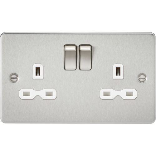KNIGHTSBRIDGE FLAT PLATE 13A 2G DP SWITCHED SOCKET - BRUSHED CHROME WITH WHITE INSERT