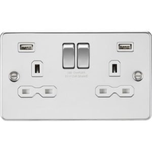 KNIGHTSBRIDGE 13A 2G SWITCHED SOCKET WITH DUAL USB CHARGER A + A (2.4A) - POLISHED CHROME WITH WHITE INSERT