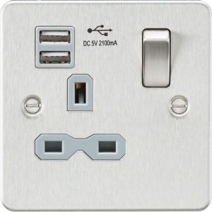KNIGHTSBRIDGE FLATPLATE BRUSHED CHROME 1G 13A USB SOCKET(GREY INS)