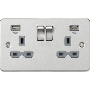KNIGHTSBRIDGE FLAT PLATE 13A 2G SWITCHED SOCKET WITH USB CHARGERS (2.4A) - BRUSHED CHROME WITH GREY INSERT