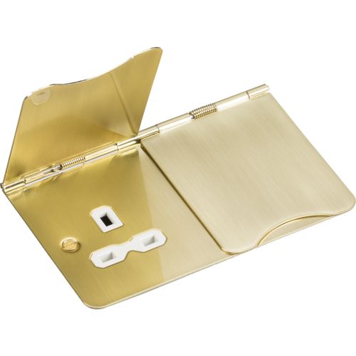 KNIGHTSBRIDGE 13A 2G UNSWITCHED FLOOR SOCKET - BRUSHED BRASS WITH WHITE INSERT