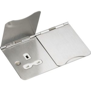 KNIGHTSBRIDGE FLAT PLATE 13A 2G UNSWITCHED FLOOR SOCKET - BRUSHED CHROME WITH WHITE INSERT