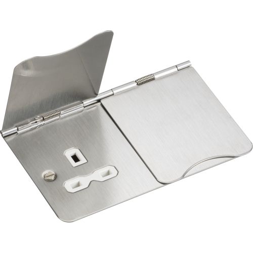 KNIGHTSBRIDGE FLAT PLATE 13A 2G UNSWITCHED FLOOR SOCKET - BRUSHED CHROME WITH WHITE INSERT