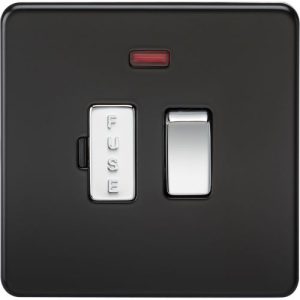 KNIGHTSBRIDGE SCREWLESS 13A SWITCHED FUSED SPUR UNIT WITH NEON - MATT BLACK WITH CHROME ROCKER