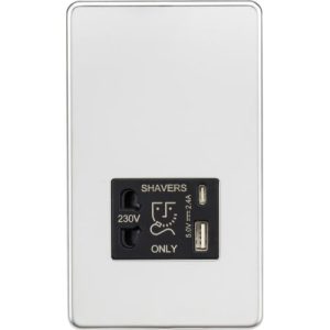 KNIGHTSBRIDGE SHAVER SOCKET WITH DUAL USB A + C (5V DC 2.4A SHARED) - POLISHED CHROME WITH BLACK INSERT