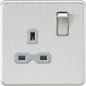 KNIGHTSBRIDGE SCREWLESS 13A 1G DP SWITCHED SOCKET - BRUSHED CHROME WITH GREY INSERT