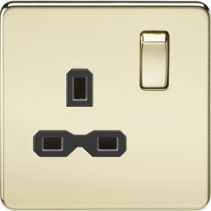 KNIGHTSBRIDGE SCREWLESS 13A 1G DP SWITCHED SOCKET - POLISHED BRASS WITH BLACK INSERT