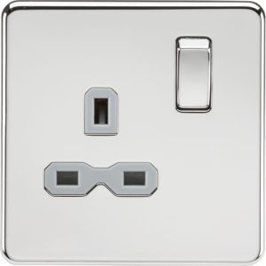 KNIGHTSBRIDGE SCREWLESS 13A 1G DP SWITCHED SOCKET - POLISHED CHROME WITH GREY INSERT