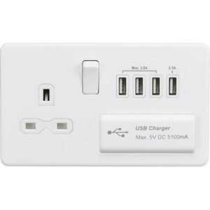 KNIGHTSBRIDGE SCREWLESS 13A SWITCHED SOCKET WITH QUAD USB CHARGER (5.1A) - MATT WHITE