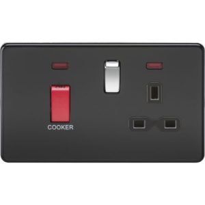 KNIGHTSBRIDGE SCREWLESS 45A DP SWITCH AND 13A SWITCHED SOCKET WITH NEONS - MATT BLACK WITH CHROME ROCKER