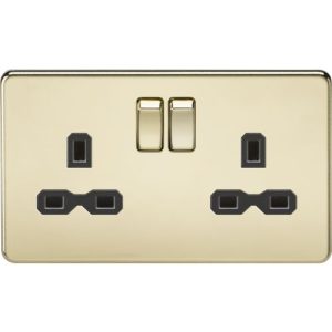KNIGHTSBRIDGE SCREWLESS 13A 2G DP SWITCHED SOCKET - POLISHED BRASS WITH BLACK INSERT