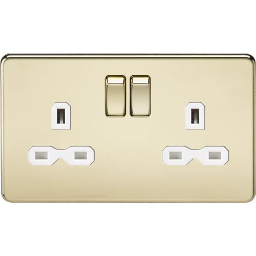 KNIGHTSBRIDGE SCREWLESS 13A 2G DP SWITCHED SOCKET - POLISHED BRASS WITH WHITE INSERT
