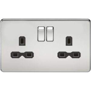 KNIGHTSBRIDGE SCREWLESS 13A 2G DP SWITCHED SOCKET - POLISHED CHROME WITH BLACK INSERT