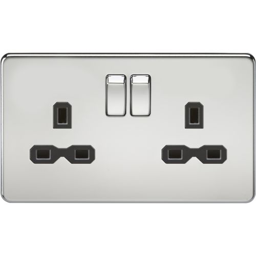 KNIGHTSBRIDGE SCREWLESS 13A 2G DP SWITCHED SOCKET - POLISHED CHROME WITH BLACK INSERT
