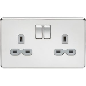 KNIGHTSBRIDGE SCREWLESS 13A 2G DP SWITCHED SOCKET - POLISHED CHROME WITH GREY INSERT