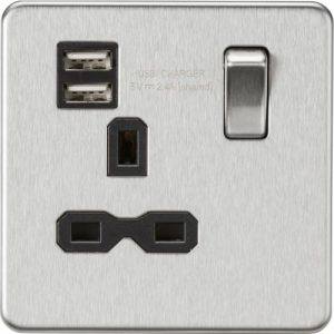 KNIGHTSBRIDGE SCREWLESS 13A 1G SWITCHED SOCKET WITH DUAL USB CHARGER (2.4A) - BRUSHED CHROME WITH BLACK INSERT
