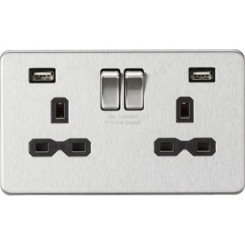 KNIGHTSBRIDGE 13A 2G SWITCHED SOCKET WITH DUAL USB CHARGER A + A (2.4A) - BRUSHED CHROME WITH BLACK INSERT