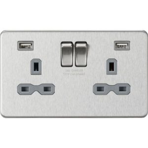 KNIGHTSBRIDGE 13A 2G SWITCHED SOCKET WITH DUAL USB CHARGER A + A (2.4A) - BRUSHED CHROME WITH GREY INSERT