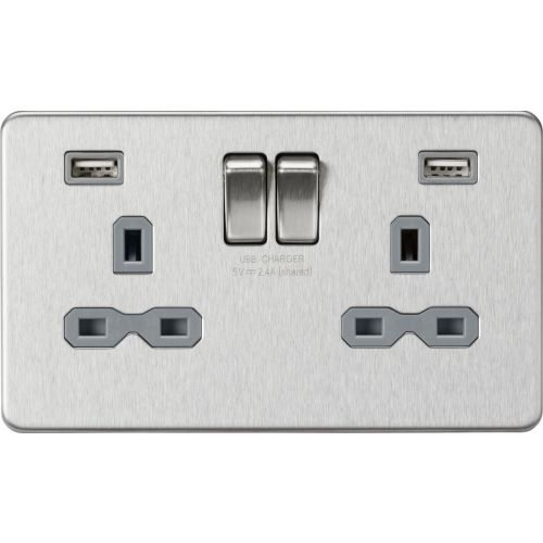 KNIGHTSBRIDGE 13A 2G SWITCHED SOCKET WITH DUAL USB CHARGER A + A (2.4A) - BRUSHED CHROME WITH GREY INSERT