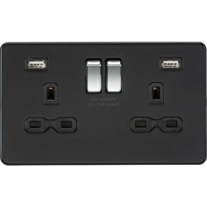 KNIGHTSBRIDGE 13A 2G SWITCHED SOCKET WITH DUAL USB CHARGER A + A (2.4A) - MATT BLACK WITH CHROME ROCKERS ROCKERS
