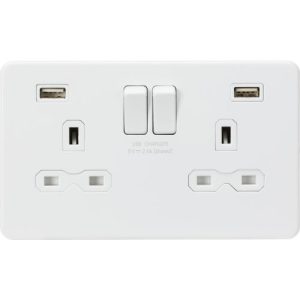 KNIGHTSBRIDGE SCREWLESS 13A 2G SWITCHED SOCKET WITH DUAL USB CHARGER A + A (2.4A) - MATT WHITE