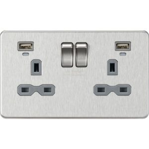 KNIGHTSBRIDGE 13A 2G SWITCHED SOCKET, DUAL USB (2.4A) WITH LED CHARGE INDICATORS - BRUSHED CHROME W/GREY INSERT