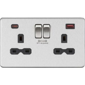 KNIGHTSBRIDGE 13A 2G DP SWITCHED SOCKET WITH DUAL USB FASTCHARGE PORTS (A + C) - BRUSHED CHROME WITH BLACK INSERT