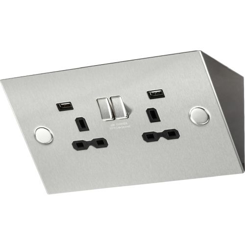 KNIGHTSBRIDGE 13A 2G MOUNTING SWITCHED SOCKET WITH DUAL USB CHARGER (2.4A) - STAINLESS STEEL WITH BLACK INSERT