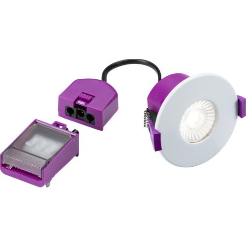 (PACK.10) NEW KNIGHTSBRIDGE EVO 5/7W 2700/3K/4K/6K FIXED IP65 DIMMABLE CCT DOWNLIGHT+WHITE BEZEL (C/O-70MM)