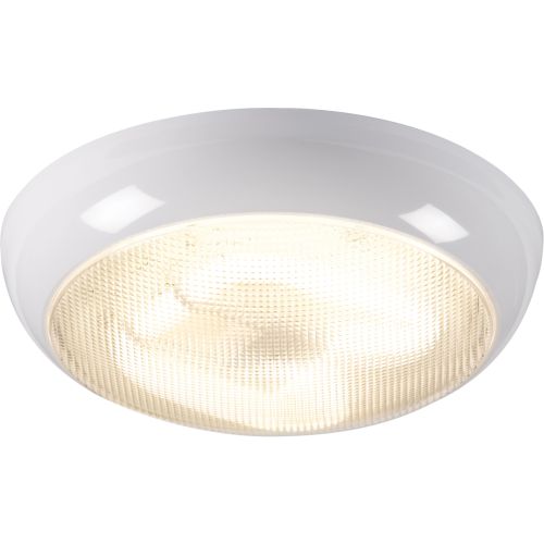 KNIGHTSBRIDGE IP44 28W HF EMERGENCY POLO BULKHEAD WITH PRISMATIC DIFFUSER AND WHITE BASE