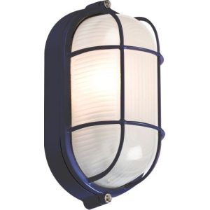 KNIGHTSBRIDGE 230V IP54 60W BLACK OVAL BULKHEAD WITH WIRE GUARD AND GLASS DIFFUSER